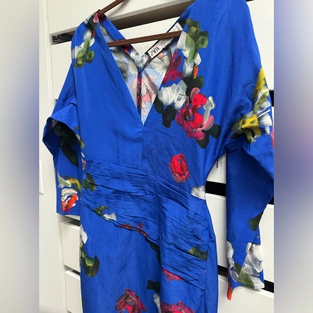 ZARA TRAF S/S 24 Hand Dyed Blue Floral Chinoserie Dress Draped Long Sleeve Sz M